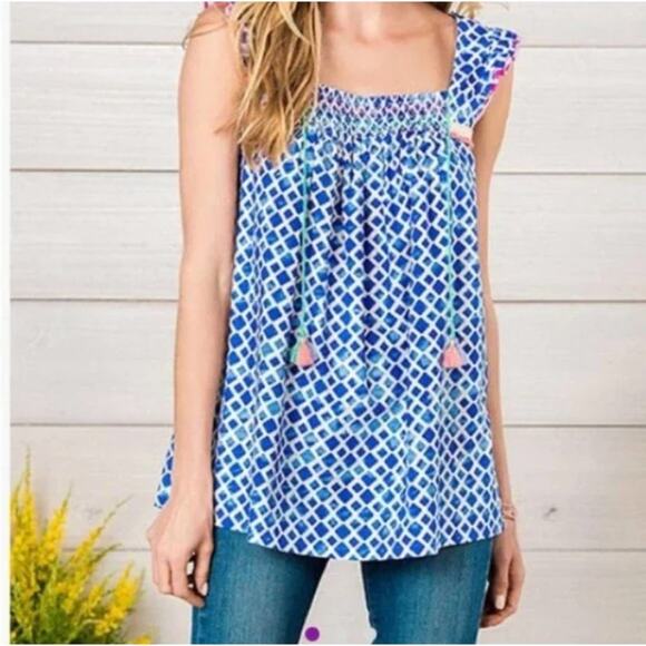 Matilda Jane Wandering Waters Blue Smocked Tassel Blouse Women's Size Medium Wor - Picture 1 of 9